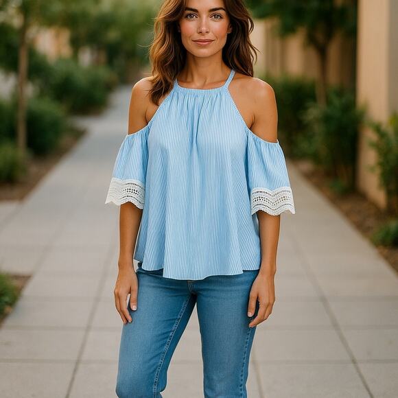 AnnTaylor Cold Shoulder Striped Blouse Eyelet detail Preppy Medium - Picture 2 of 8